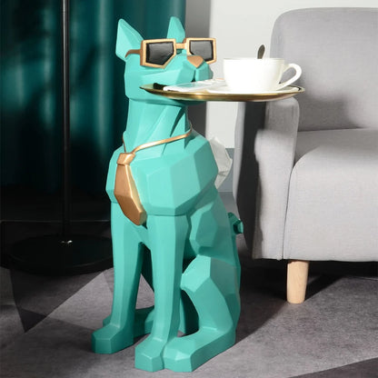 Modern Resin Dog Sculpture End Table with Metal Storage Tray and Tissue Box – Available in Multiple Colors