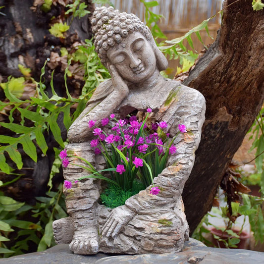 Outdoor Garden Sleeping Buddha Sculpture with Magnesium Oxide Planter – Decorative Flower Pot