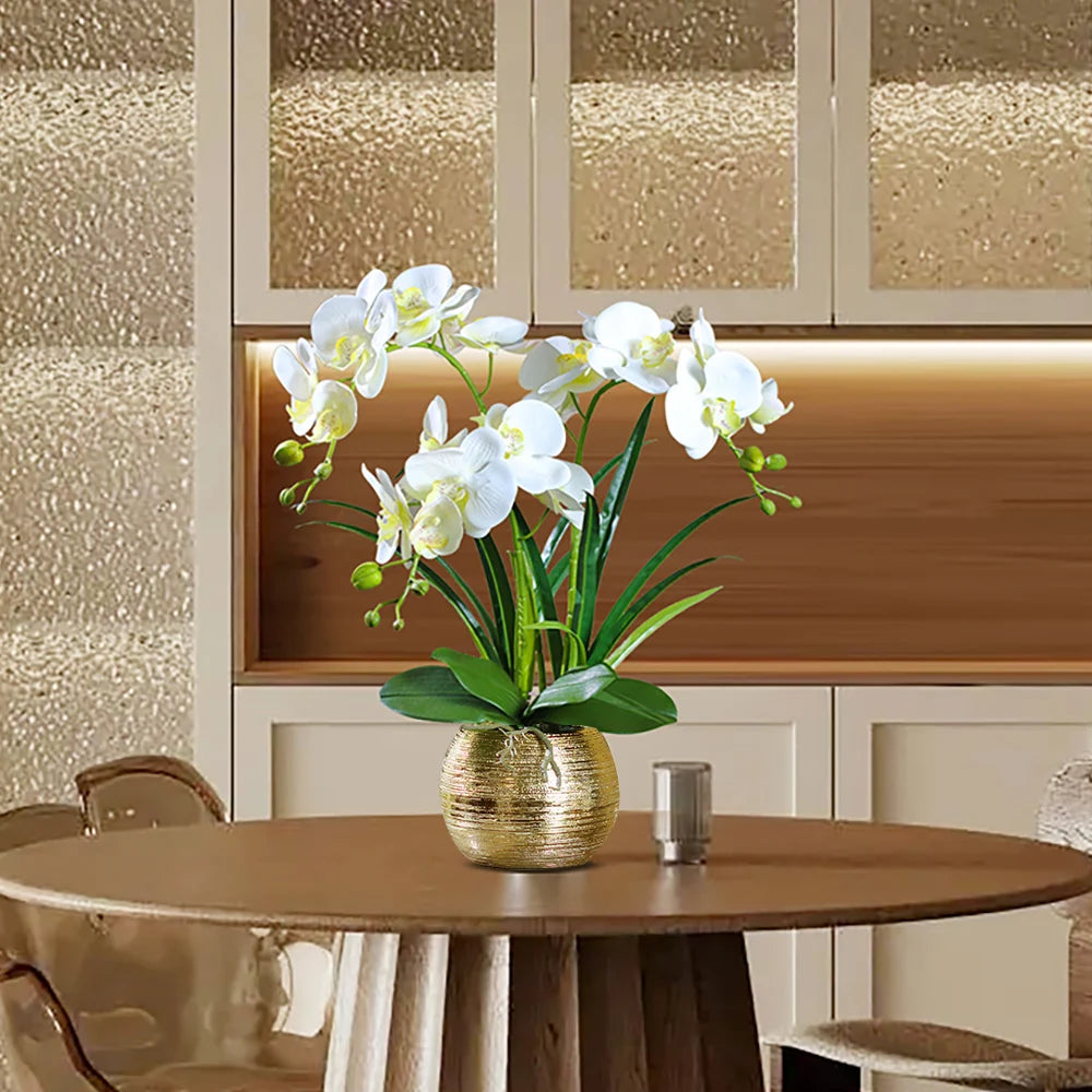 Elegant White Artificial Orchids with Gold Brushed Ceramic Vase – Perfect Tabletop Decoratio