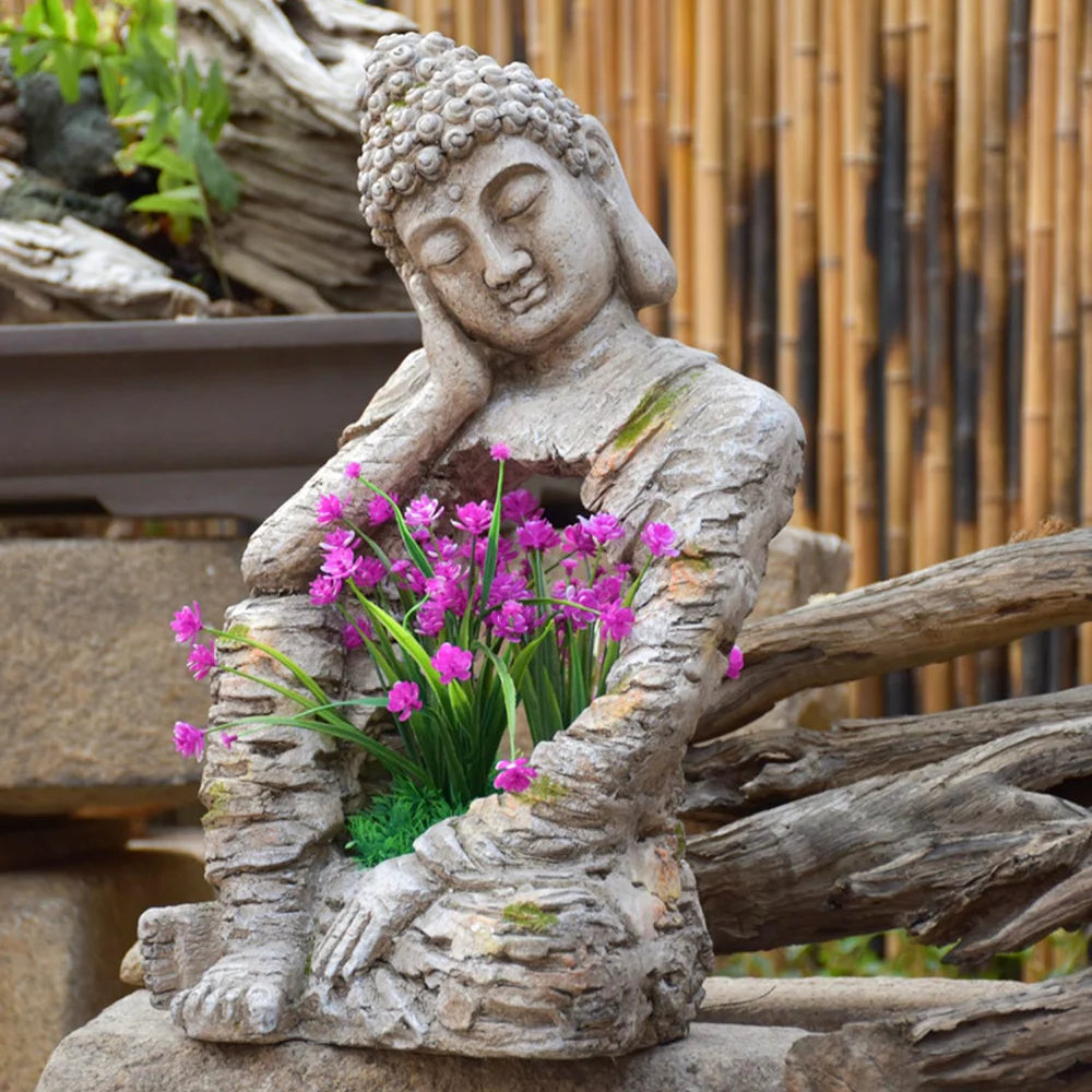 Outdoor Garden Sleeping Buddha Sculpture with Magnesium Oxide Planter – Decorative Flower Pot