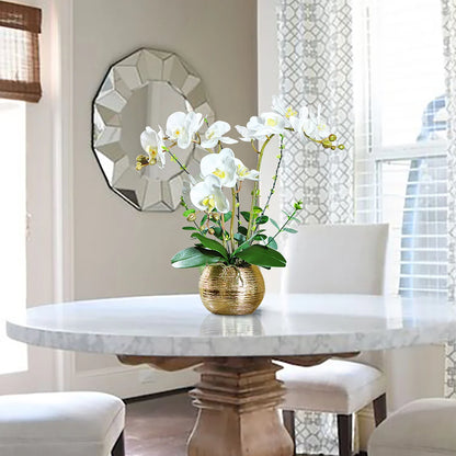 Elegant White Artificial Orchids with Gold Brushed Ceramic Vase – Perfect Tabletop Decoratio