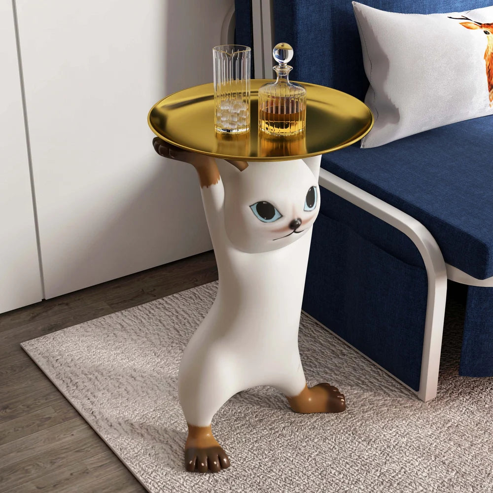 Modern Resin Cat Side Table with Gold Tray – Decorative Floor Figurine End Table