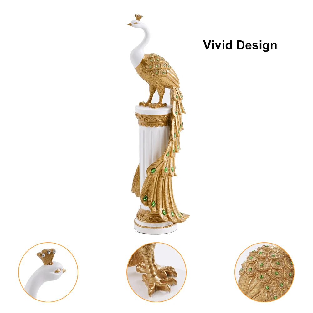 27.6" Large White & Gold Glam Peacock Floor Sculpture – Elegant Decor for Living Room & Bedroom