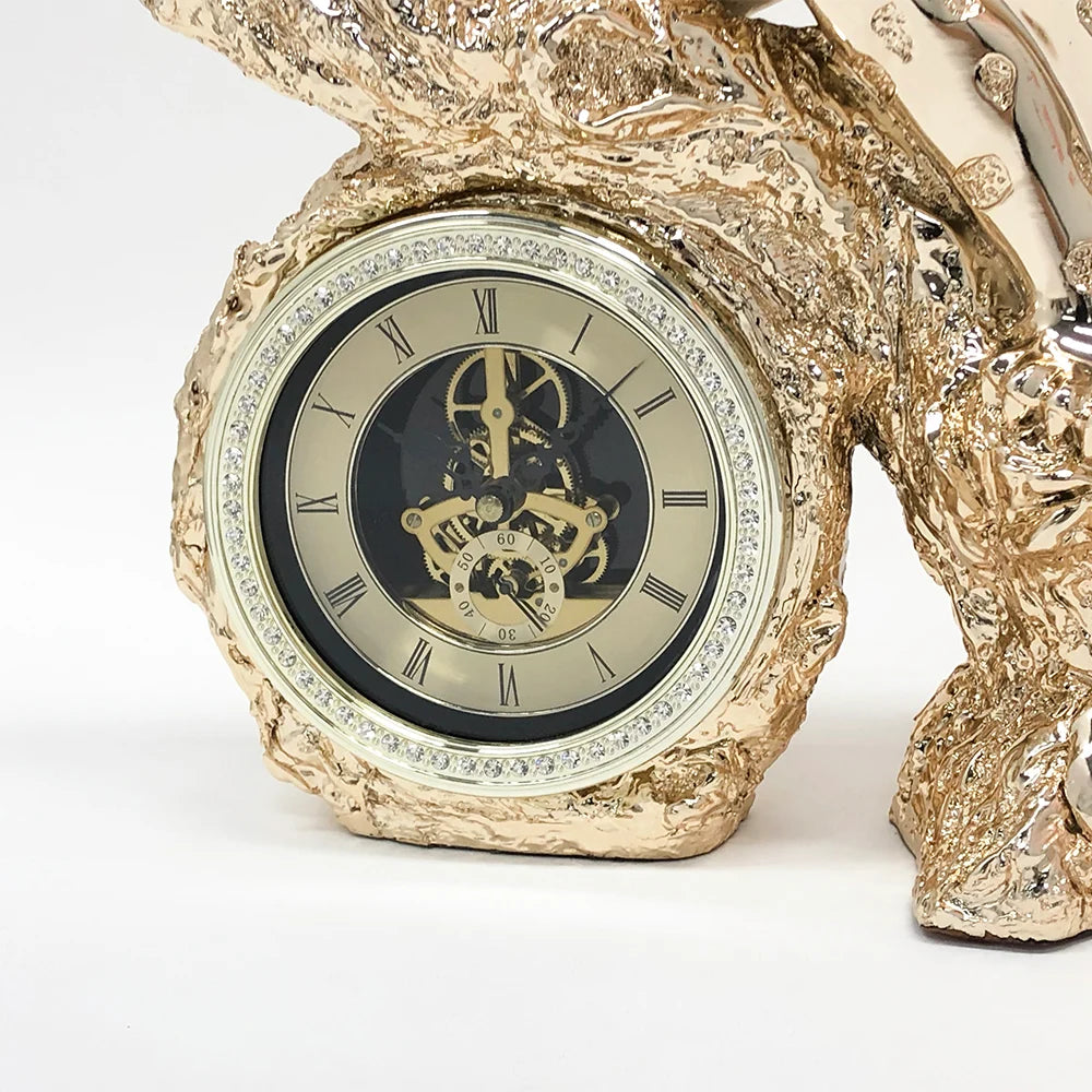 Gold Electroplated Cheetah Table Clock - Elegant Mute Design with Imitation Diamond Resin for Home Decor