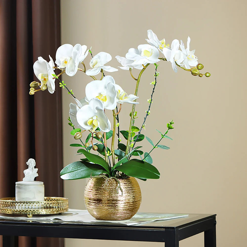 Elegant White Artificial Orchids with Gold Brushed Ceramic Vase – Perfect Tabletop Decoratio