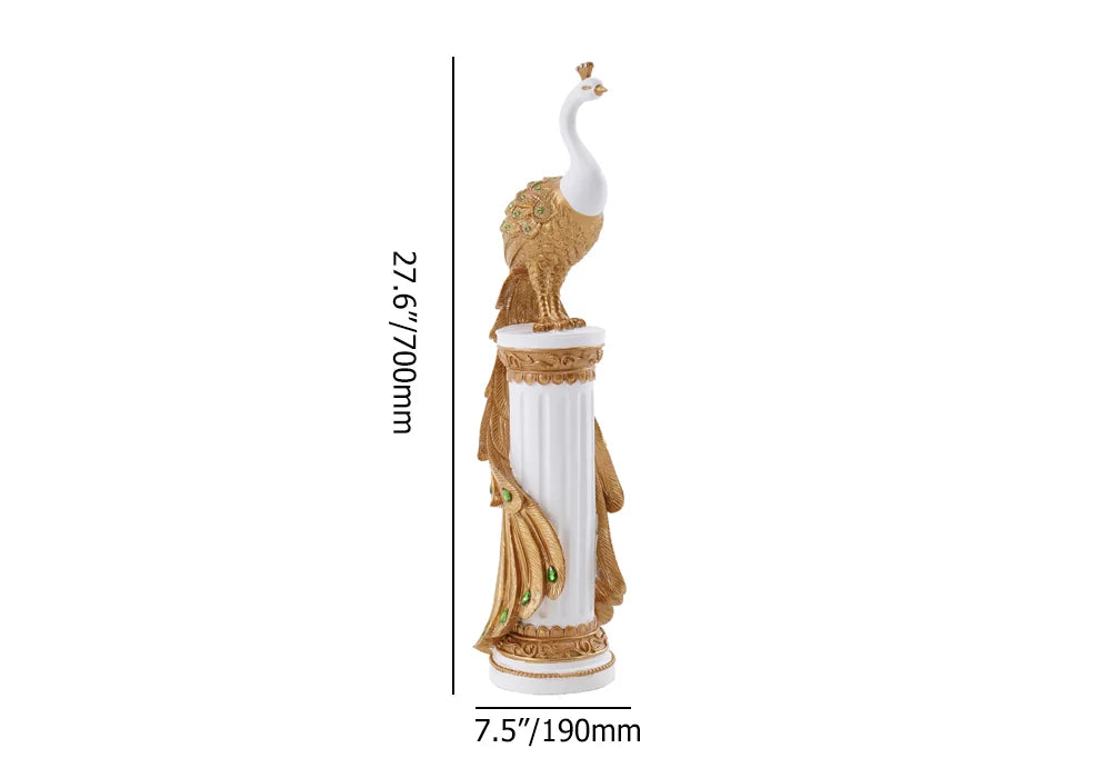 27.6" Large White & Gold Glam Peacock Floor Sculpture – Elegant Decor for Living Room & Bedroom