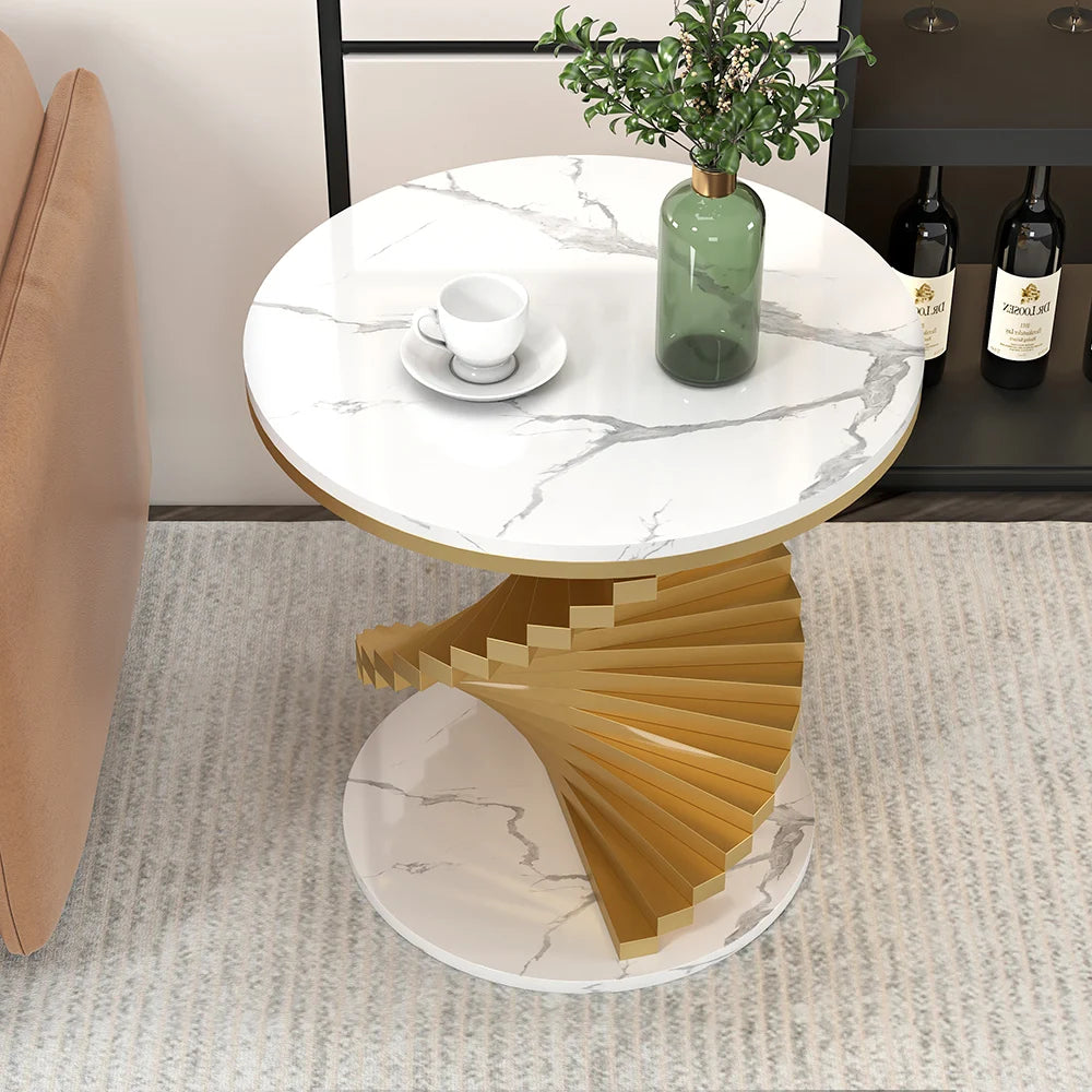 Modern White /Black Faux Marble Round Side Table with Metal Frame – Stylish End Table for Any Space