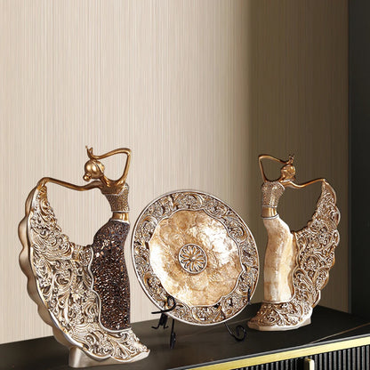 3-Piece Vintage Gold Dancer Sculpture Set with Decorative Shell Plate – Elegant Desktop Decor