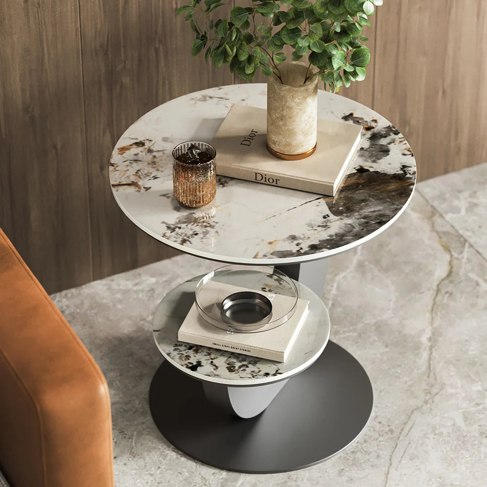 Modern 2-Tier Sintered Stone Round Side Table – Sleek and Minimalist Design for Living Room