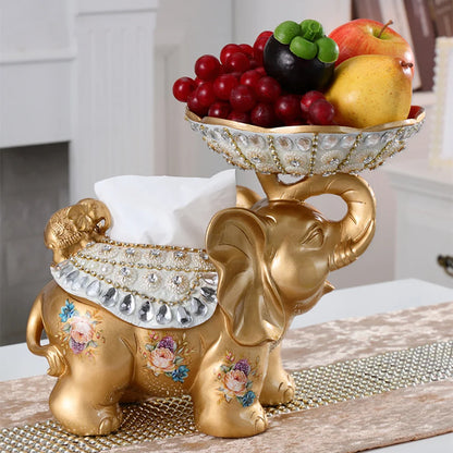 Luxurious Gold Elephant Fruit Basket with Tissue Holder – Elegant Resin Snack Tray Decor