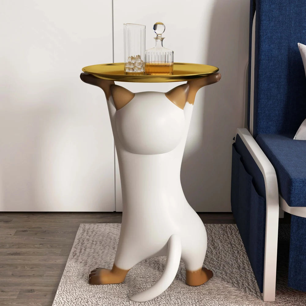 Modern Resin Cat Side Table with Gold Tray – Decorative Floor Figurine End Table