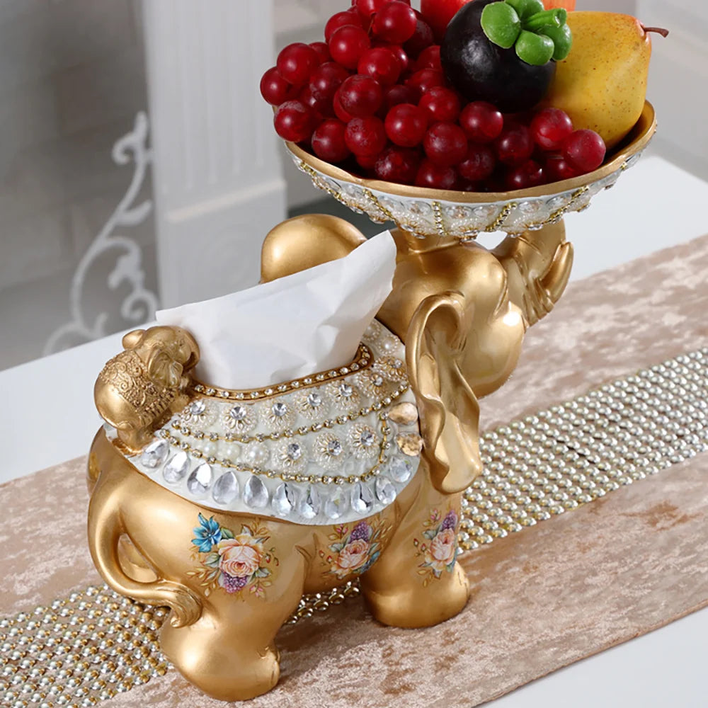 Luxurious Gold Elephant Fruit Basket with Tissue Holder – Elegant Resin Snack Tray Decor