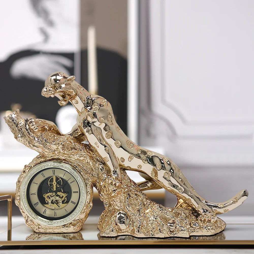 Gold Electroplated Cheetah Table Clock - Elegant Mute Design with Imitation Diamond Resin for Home Decor