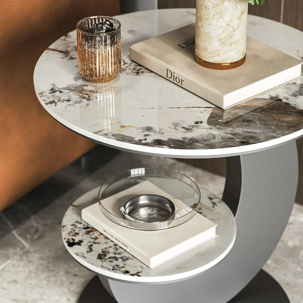 Modern 2-Tier Sintered Stone Round Side Table – Sleek and Minimalist Design for Living Room