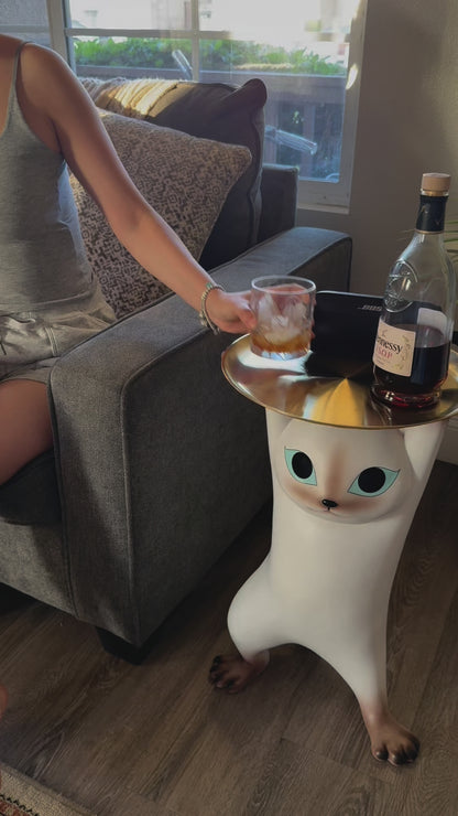 Modern Resin Cat Side Table with Gold Tray – Decorative Floor Figurine End Table