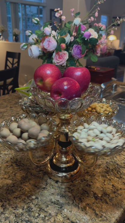 Luxury Rotating Glass Fruit Bowl with Rose Gold Base – Multi-Tier Decorative Serving Stand